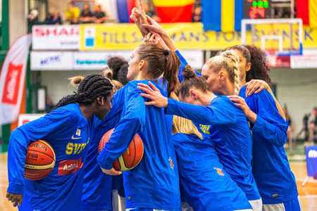 SODERTALJE, SWEDEN - NOV 21, 2015: Warmup at the women European Qualifier basketball game between Sweden and Spain at Taljehallen.のeditorial素材