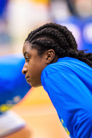 SODERTALJE, SWEDEN - NOV 21, 2015: Women European Qualifier game between Sweden and Spain at Taljehallen.のeditorial素材