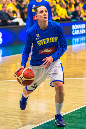 SODERTALJE, SWEDEN - NOV 21, 2015: Warmup at the women European Qualifier basketball game between Sweden and Spain at Taljehallen.のeditorial素材