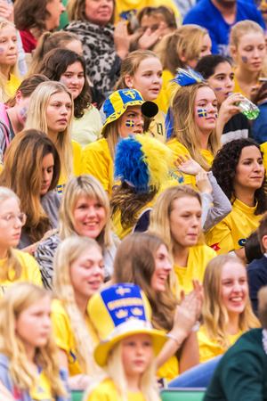 SODERTALJE, SWEDEN - NOV 21, 2015: Swedish fans at the Women European Basketball Qualifier game between Sweden and Spain at Taljehallen.のeditorial素材