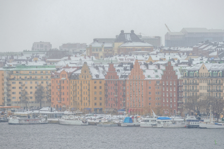 STOCKHOLM, SWEDEN - JAN 8, 2015: View over Stockholm in snowy weather. Norr Malarstrandのeditorial素材