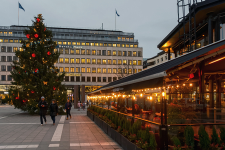 STOCKHOLM, SWEDEN - DEC 27, 2015: Norrmalmstorg in the center of Stockholm with christmas decorations.のeditorial素材
