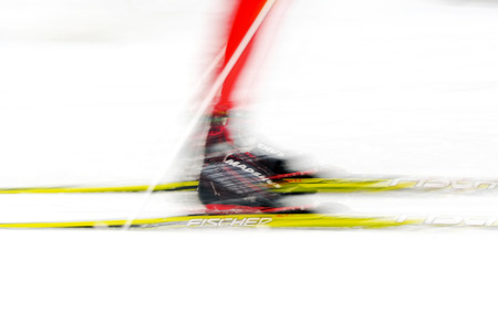 STOCKHOLM, SWEDEN - JAN 24, 2016: Motion blur at the Ski Marathon in cross country skiing classic...