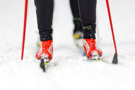 STOCKHOLM, SWEDEN - JAN 24, 2016: Closeup of ski runners fet and legs at Ski Marathon in nordic skiing classic style.のeditorial素材