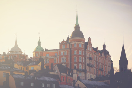 STOCKHOLM, SWEDEN - FEB 5, 2016: Mariaberget at soder with the towers and pinnacles during sunset.のeditorial素材
