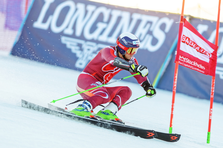 STOCKHOLM, SWEDEN - FEB 23, 2016: Norwegian rider doing a test run at the course FIS SKI WORLD CUP at Hammarbybacken in Stockholmのeditorial素材