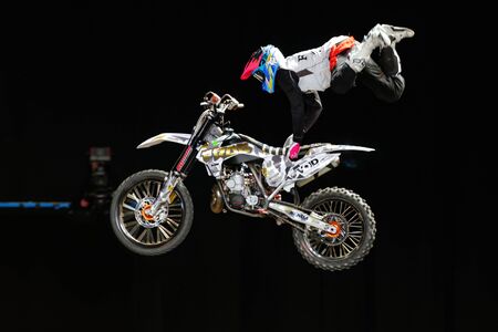 SOLNA, SWEDEN - MARCH 4, 2016: Acrobatic jump from Fredrik Berggren (SWE) at the Night of the jumps in Stockholm, Friends arenaのeditorial素材