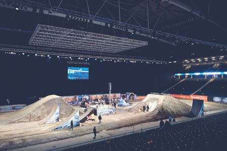 SOLNA, SWEDEN - MARCH 4, 2016: Preparing of the track and jumps at the Night of the jumps in Stockholm, Friends arenaのeditorial素材