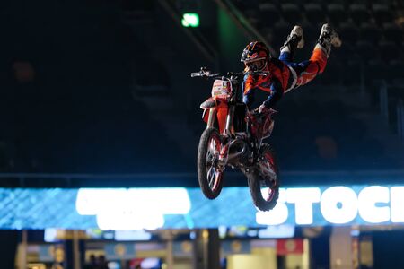 SOLNA, SWEDEN - MARCH 4, 2016: Acrobatic jump from Jose Miralles (ESP) at the Night of the jumps in...