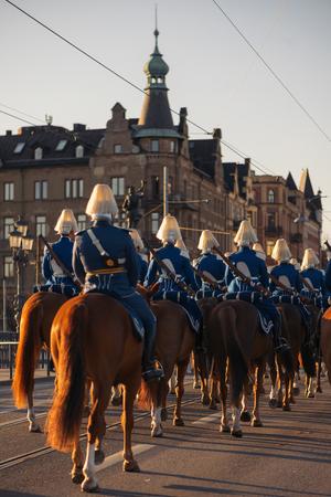 StOCKHOLM, SWEDEN - APRIL 29, 2016: Celebration of Carl XVI Gustaf of Sweden on his 70ths birthday with the Royal guards on horseback.のeditorial素材