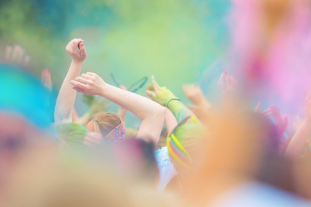 STOCKHOLM, SWEDEN - MAY 22, 2016: Hands in the air at Color Run Tropicolor world tour in Stockholm.のeditorial素材