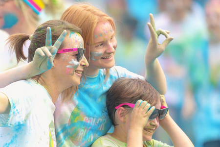 STOCKHOLM, SWEDEN - MAY 22, 2016: Photo time at the last blue station at Color Run Tropicolor world...