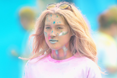 STOCKHOLM, SWEDEN - MAY 22, 2016: Runners at the last blue station at Color Run Tropicolor world tour in Stockholmのeditorial素材