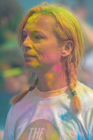 STOCKHOLM, SWEDEN - MAY 22, 2016: Runners at the last blue station at Color Run Tropicolor world tour in Stockholmのeditorial素材