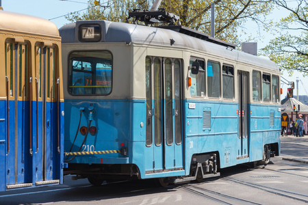 STOCKHOLM, SWEDEN - MAY 8, 2016: Old blue vintage tram train in Stockholm.のeditorial素材