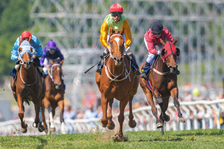 STOCKHOLM, SWEDEN - JUNE 6, 2016: Jockeys out of a curve at the Nationaldags Galoppen at Gardet.のeditorial素材