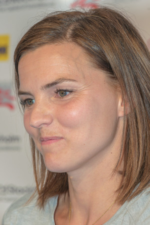 STOCKHOLM, SWEDEN - JUNE 15, 2016: Press conferance at IAAF Diamond League in Stockholm with Susanna Kallur. 100 meter hurdlesのeditorial素材