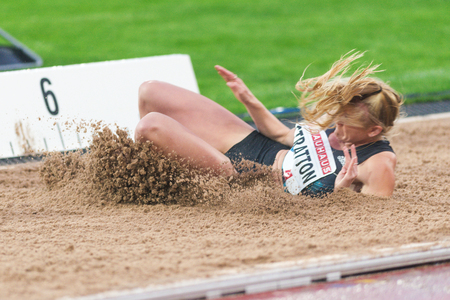 STOCKHOLM, SWEDEN - JUNE 16, 2016: Brooke Stratton in the long jump at the IAAF Diamond League in Stockholm.のeditorial素材