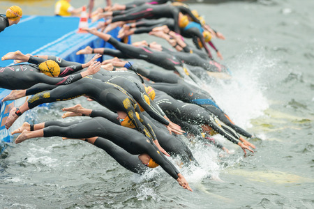 STOCKHOLM, SWEDEN - JULY 02, 2016: After the start of the Women ITU Triathlon event in Stockholm with the swimming.のeditorial素材