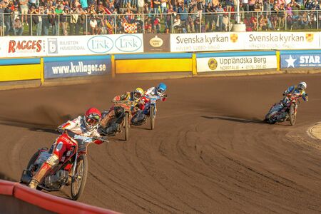 HALLSTAVIK, SWEDEN - JULY 19, 2016: Speedway racing between Rospiggarna and Lejonen at HZ Bygg Arena in Hallstavik.のeditorial素材