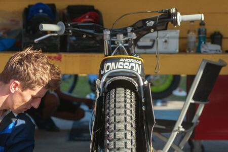 HALLSTAVIK, SWEDEN - JULY 19, 2016: Preparations of Andreas Jonsson bike at the speedway racing...