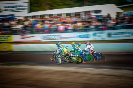 HALLSTAVIK, SWEDEN - JULY 19, 2016: Speedway racing between Rospiggarna and Lejonen at HZ Bygg Arena in Hallstavik.のeditorial素材