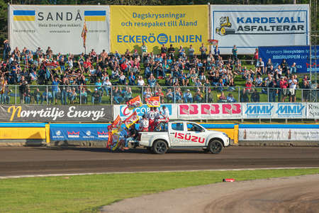 HALLSTAVIK, SWEDEN - JULY 19, 2016: Presentation of Rospiggarna at the speedway racing between Rospiggarna and Lejonen at HZ Bygg Arena in Hallstavik.のeditorial素材