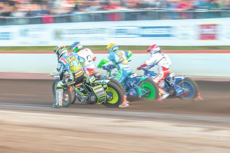 HALLSTAVIK, SWEDEN - JULY 19, 2016: Speedway racing between Rospiggarna and Lejonen at HZ Bygg Arena in Hallstavik.のeditorial素材