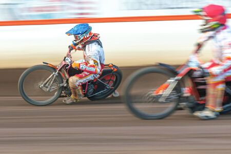 HALLSTAVIK, SWEDEN - JULY 19, 2016: Speedway racing between Rospiggarna and Lejonen at HZ Bygg Arena in Hallstavik.のeditorial素材