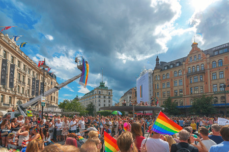 STOCKHOLM, SWEDEN - JULY 30, 2016: Pride parade in Stockholm and the parade going thru Stureplan.のeditorial素材