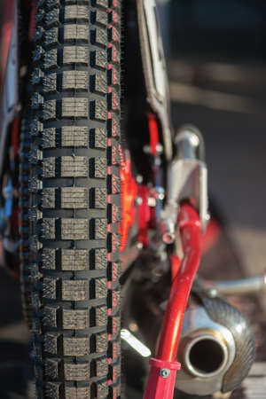 HALLSTAVIK, SWEDEN - JULY 19, 2016: Closeup of the bike of Timo Lahti at the speedway racing between...