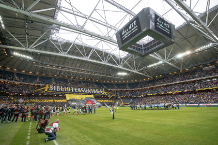 SOLNA, SWEDEN - AUG 28, 2016: Soccer derby between AIK and Hammarby in Allsvenskan at Friends arena. Visibility due to smoke wasnt that good the first half.のeditorial素材