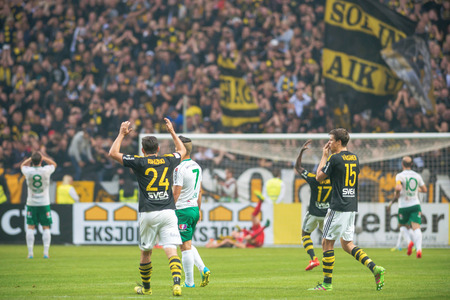 SOLNA, SWEDEN - AUG 28, 2016: Soccer derby between AIK and Hammarby in Allsvenskan at Friends arena.のeditorial素材