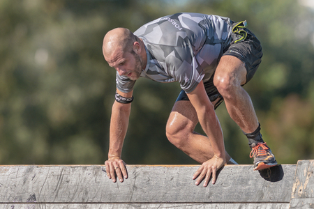 STOCKHOLM, SWEDEN - AUG 27, 2016: Climbing of the Reebook blades at the Tough Viking event at Gardet in Stockholm.のeditorial素材