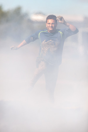 STOCKHOLM, SWEDEN - AUG 27, 2016: Fire obstacle at the Tough Viking event at Gardet in Stockholm.のeditorial素材