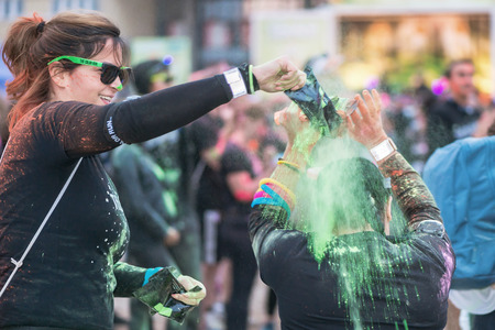 STOCKHOLM, SWEDEN - SEPT 18, 2016: Preperations with color powder at the Color Run Night Edition in...