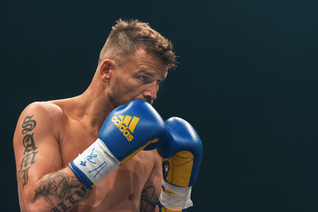STOCKHOLM, SWEDEN - SEPT 10, 2016: Match between Naim Terbunja (SWE) vs Baptiste Castenegro (FRA) in super middleweight at The winner takes it all event in boxing. Winner Terbunjaのeditorial素材