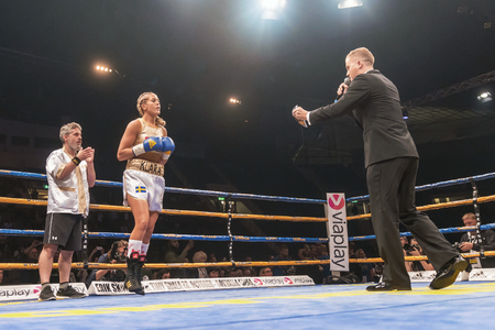 STOCKHOLM, SWEDEN - SEPT 10, 2016: Presentation of WBC title match between Mikaela Lauren (SWE) vs Klara Svensson (SWE) in welterweight at The winner takes it all event in boxing. Winner Klara Svenssonのeditorial素材