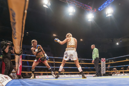 STOCKHOLM, SWEDEN - SEPT 10, 2016: WBC title match between Mikaela Lauren (SWE) vs Klara Svensson (SWE) in welterweight at The winner takes it all event in boxing. Winner Klara Svenssonのeditorial素材