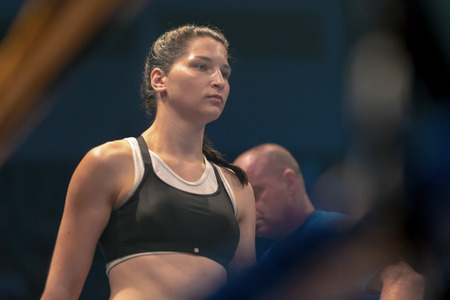 STOCKHOLM, SWEDEN - SEPT 10, 2016: Before the match Patricia Berghult (SWE) vs Magyar Kinga (HUN) in the female super lightweight. The winner takes it all event. Berghult winner TKO.のeditorial素材