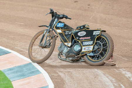 STOCKHOLM - SEPT 24, 2016: Bike after the the crash from Kim Nilsson at Stockholm FIM Speedway Grand Prix at Friends Arena in Stockholm.のeditorial素材