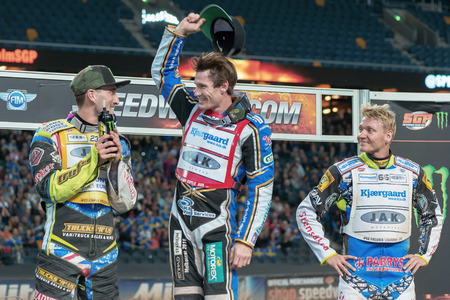 STOCKHOLM - SEPT 24, 2016: Winner Jason Doyle with Holder and Lindgren at Stockholm FIM Speedway Grand Prix at Friends Arena in Stockholm.のeditorial素材