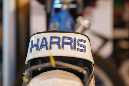 STOCKHOLM - SEPT 24, 2016: Riders personal saddles in the pit before the event Stockholm FIM Speedway Grand Prix at Friends Arena in Stockholm.のeditorial素材