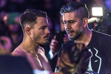 STOCKHOLM - OCT 8, 2016: Presentation of the fighters Simon Skold against Christopher Sengele at Superior Challenge 14 at Eriksdalshallen in Stockholm.のeditorial素材