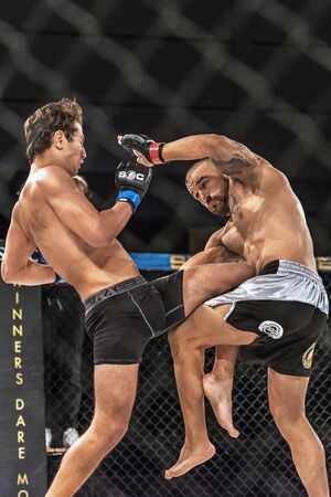 STOCKHOLM - OCT 8, 2016: Fight between Michel Ersoy vs Fabien Gallinaro at Superior Challenge 14 at Eriksdalshallen in Stockholm.のeditorial素材