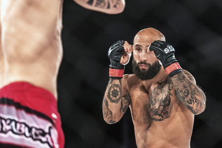 STOCKHOLM - OCT 8, 2016: Martin Akhtar vs Declan Williams at Superior Challenge 14 at Eriksdalshallen in Stockholm.のeditorial素材