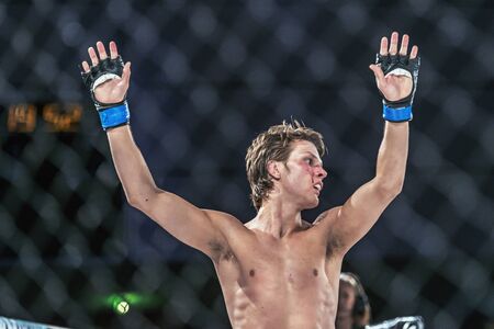 STOCKHOLM - OCT 8, 2016: Winner Patrik Pitela against Saeed Ganji at Superior Challenge 14 at Eriksdalshallen in Stockholm.のeditorial素材