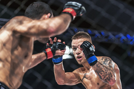 STOCKHOLM - OCT 8, 2016: Fight between Edris Rafigh vs Viktor Gustavsson at Superior Challenge 14 at Eriksdalshallen in Stockholm.のeditorial素材