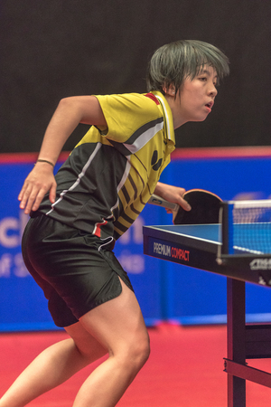 STOCKHOLM, SWEDEN - NOV 16, 2016: Female players at the table tennis tournament SOC at the arena Eriksdalshallen in Stockholm.のeditorial素材