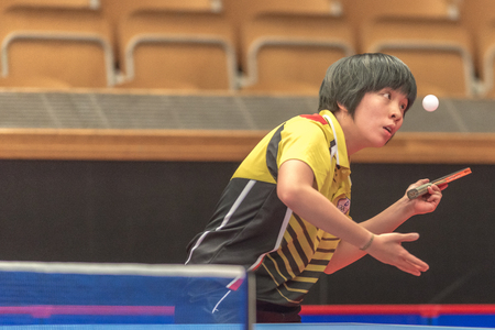 STOCKHOLM, SWEDEN - NOV 16, 2016: Female players at the table tennis tournament SOC at the arena Eriksdalshallen in Stockholm.のeditorial素材